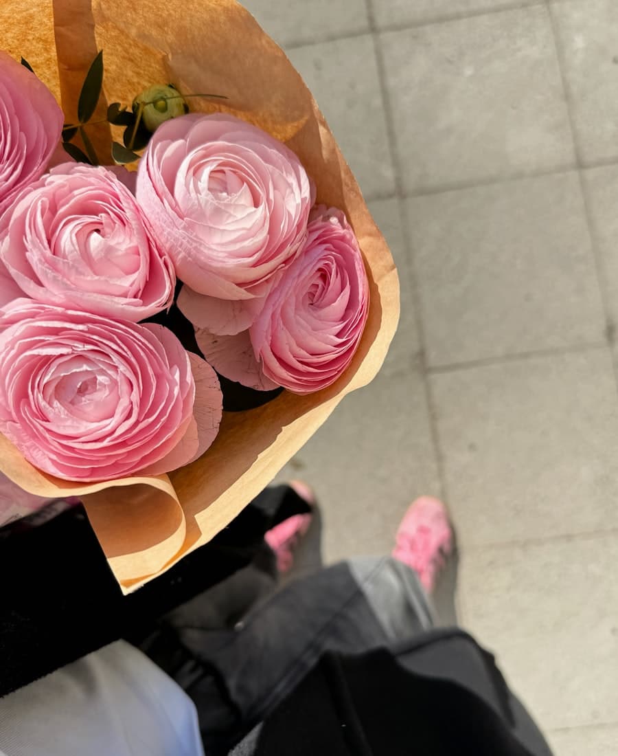 Strauß rosa Ranunkeln in Kraftpapier gewickelt